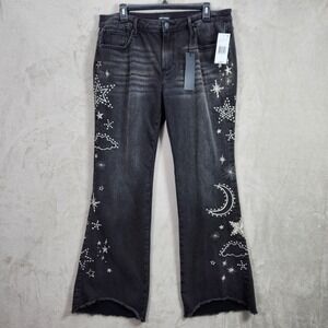 Driftwood Eva Embroidered Flare Jeans Celestial Black Wash Silver Size 31x33 NWT